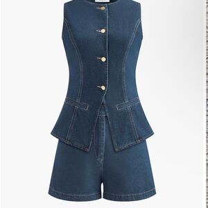 Commense Denim Peplum Vest With Shorts Set